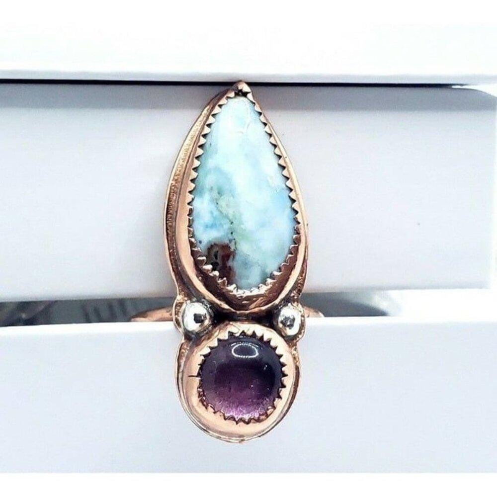 Amethyst and Larmiar Crystal Statement Ring Handmade Copper Jewelry Boho - Picture 4 of 12